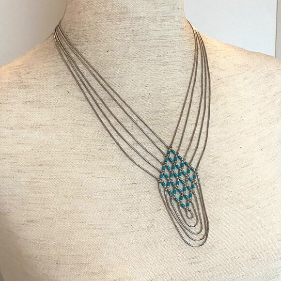 VTG Liquid Sterling Silver 925 Southwest Woven Beaded Heishi Turquoise Necklace - Picture 11 of 16
